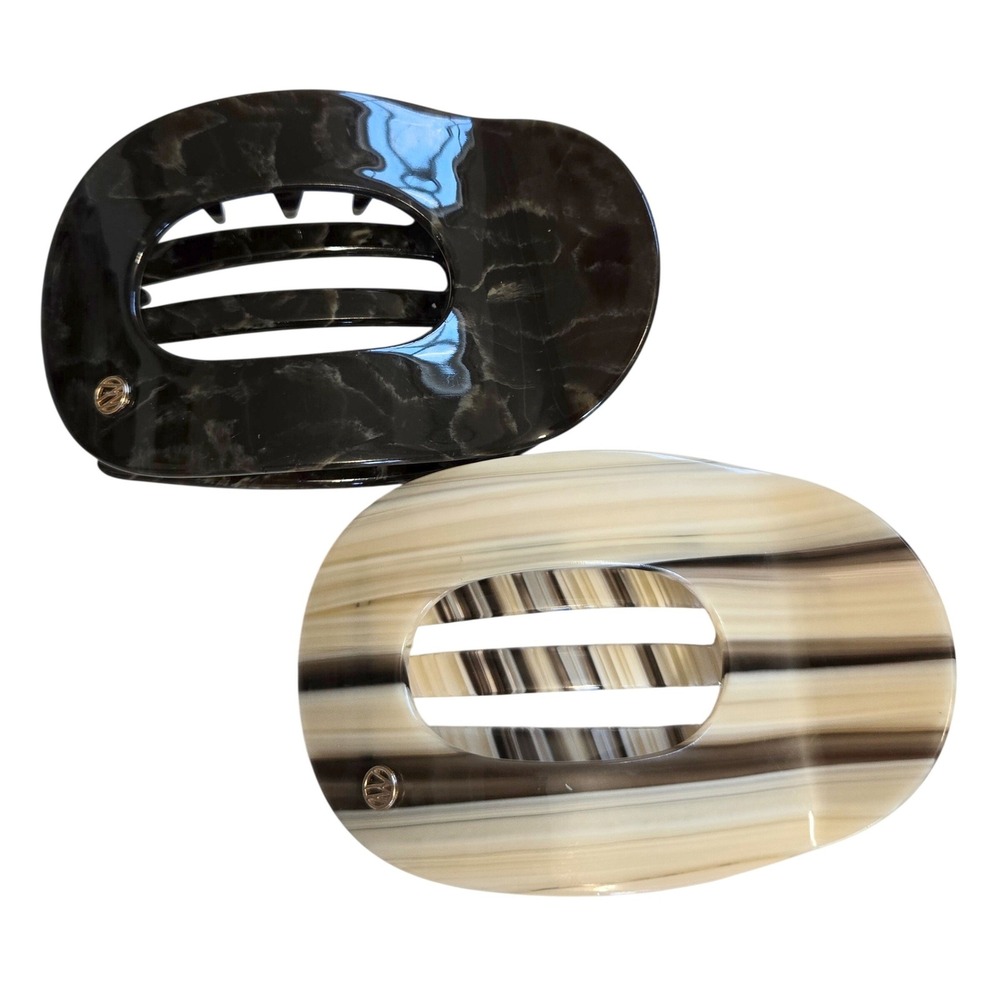 France Luxe Hair Jaw Clips Set of 2 Oval Cutout Black Marble Striped Onyx France